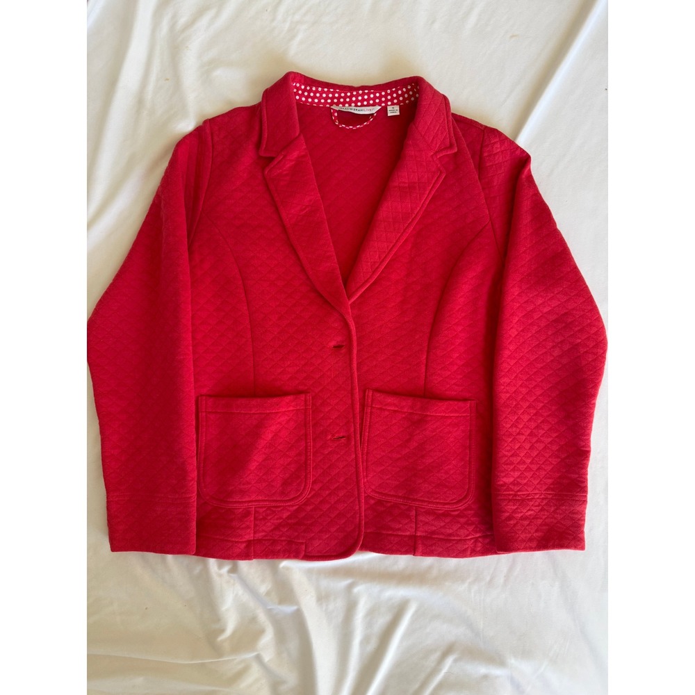 Isaac Mizrahi Live Red Quilted Knit Blazer Jacket Small Polka Dot Trim Pockets